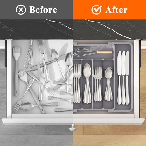 Expandable Silverware Drawer Organizer (Gray / Medium Wide(8.5-14''W x 12''D))
