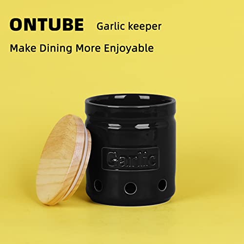 Ceramic Garlic Keeper with Wooden Lid (Black)