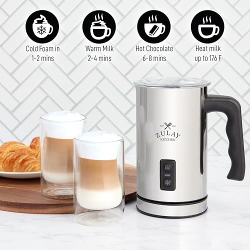 Zulay 4-in-1 Milk Frother & Steamer – Hot & Cold Foam Maker, Milk Warmer & Chocolate Stir – Automatic Temp Control, Nonstick Double-Wall Stainless Steel Jug, Auto Shut Off, 360° Base – Aero Silver (Iron Silver / Frother Steamer)
