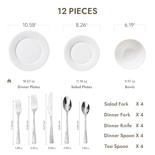 12Pc Bone China Dinnerware Set & 20Pc Flatware Combo Set for 4 (White-striped / service for 4-32pcs)