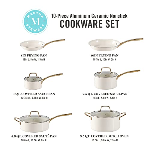 Lockton Premium Non stick Non Toxic PFA Free Ceramic Interior 10 Piece Heavy Gauge Enamel Aluminum Pots and Pans Cookware Set (10-Piece Cookware Set / Linen w/ Gold Handle)