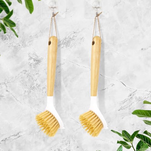 2 Pack Kitchen Scrub Brushes for Cleaning Dish Brush with Handle for Pans (Wooden Handle)