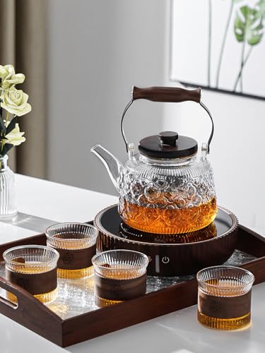 Stovetop Safe Glass Teapot with Malus Spectabilis Pattern Removable Infuser Fine Borosilicate Tea Pot perfect for Fruit Flowering Tea Canister Premium Quality Tea Kettle Gift (Transparent / 1000ml)