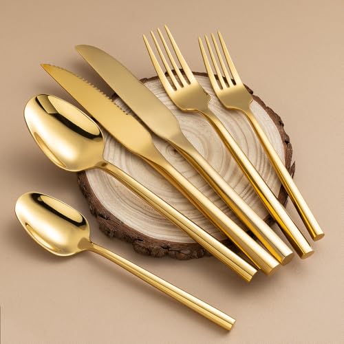 Gold Silverware Set with Steak Knives (Polished Gold with Steak Knives)