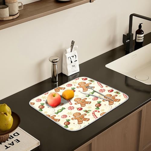 Christmas Gingerbread Cookie Man Sugar Dish Drying Mat for Kitchen Counter Absorbent Microfiber Small Drying Pad Dish Mats for Kitchen Countertops 16 x 18 Inch (18" x 16")