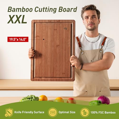 Extra Large Bamboo Cutting Board with Non Slip Feet and Over Sink Butcher Block Chopping Board Nice Solid Thick Wooden Juice Groove Big Xl XXl xlarge Best Hardwood Kitchen Counter Organic (19.5"L x 14"W / Brown)
