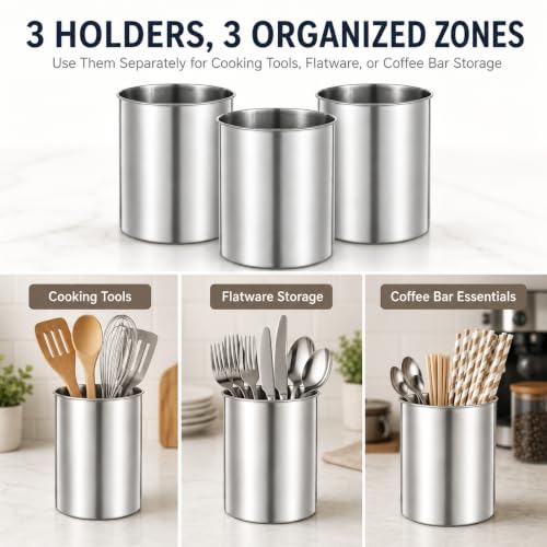 3 Pack Large Stainless Steel Utensil Holders (Silver)