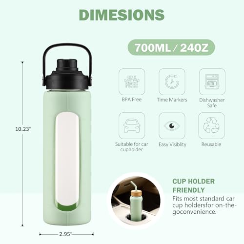 24 oz Glass Water Bottle with Straw and 2 Lids (Light Green / 24 Ounces)