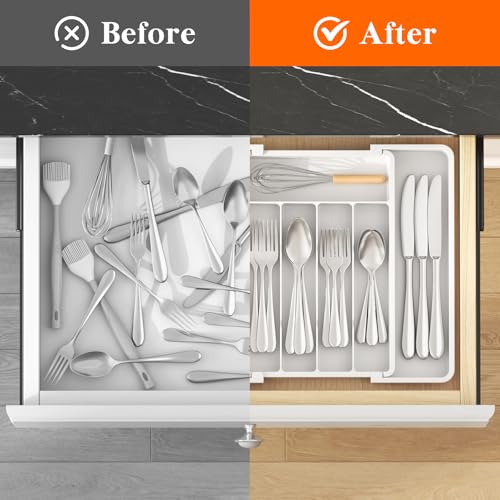 Expandable Silverware Drawer Organizer (White / Medium Wide(8.5-14''W x 12''D))