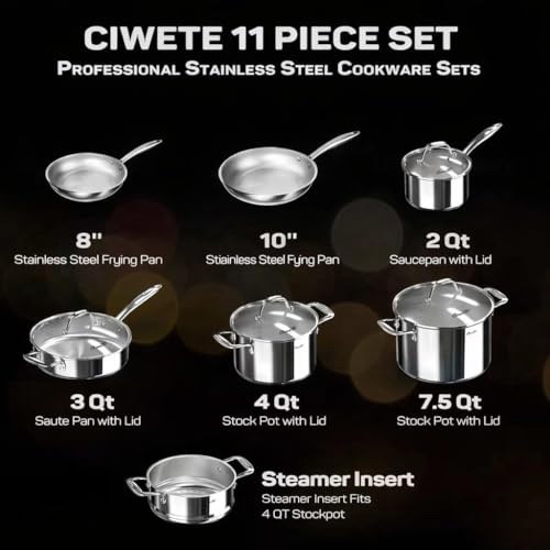 11-Piece Tri-Ply Stainless Steel Pots and Pans Set, 18/10 Stainless Steel Cookware Set with Steamer Insert, Induction Kitchen Cookware Sets with Cool Ergonomic Handles, Dishwasher, Oven Safe (Stainless Steel 11 PC)