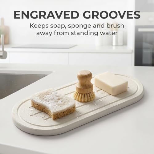 2PCS Water Absorbing Stone Drying Tray Mat for Bathroom Sink & Kitchen Counter Faucet Organizer Decor (2 Pack - Natural White / 10"x 3.8")