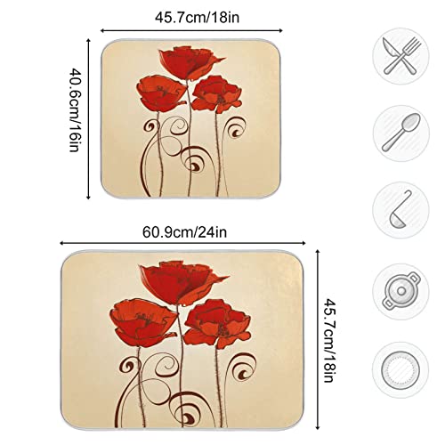 Super Absorbent Dish Drying Mat (Red Poppy Flowers Retro / 16" x 18")