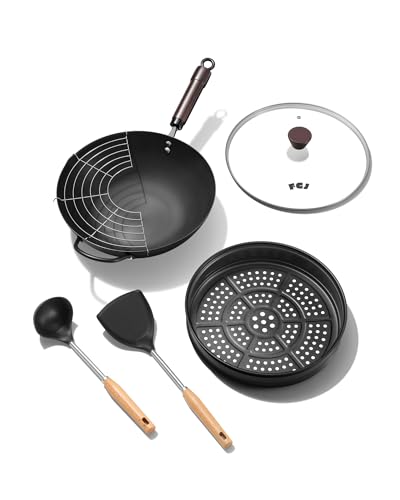 Wok 13 Inch Carbon Steel Wok Pan Set 6PCS & Stir (13 Inch)