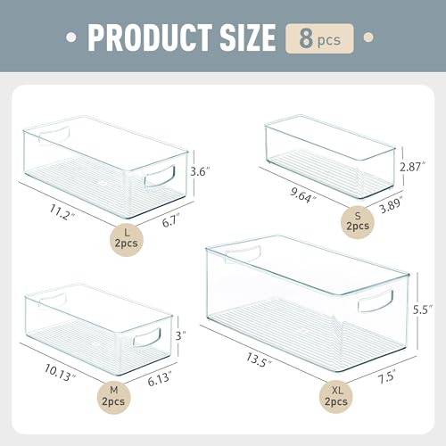 8 PACK Freezer Organizer Bins Fridge Organizers and Storage Stackable Refrigerator Organizers Bins with Side Handles Clear Storage Bins for Pantry (8 Count)