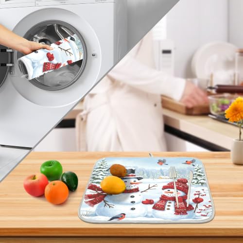 Winter Christmas Snowman Dish Drying Mat for Kitchen Counter Absorbent Microfiber Large Drying Pad Dish Mats Snowflakes for Kitchen Countertops 18 x 24 Inch (Christmas Snowman / 24" x 18")