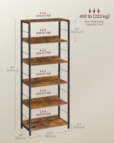 6 Tier Bookshelf (Rustic Brown + Ink Black / 6 Tiers (11.8"D x 26"W) / With Back Panels)
