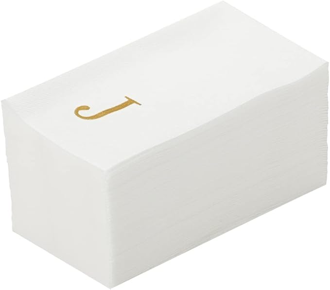 Luxenap 15.8 X 7.9 Inch Linen-Feel Guest Towels, 50 Lettered Hand Towels - Gold Letter 'J', Sans Serif Font, White Paper Dinner Napkins, airlaid, For Restrooms And Tables