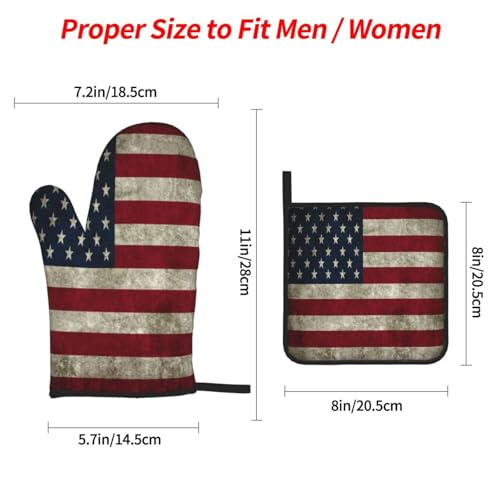 Retro American Flag Oven Mitts and Pot Holders Sets of 4 High Heat Resistant Oven Mitts with Oven Gloves and Hot Pads Polyester Potholders for Kitchen Baking Grilling Non