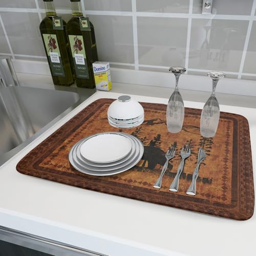 Forest Bear Dish Drying Mat 18x24 Inch Rustic Cabin Washable Microfiber Absorbent Dishes Drainer Rack Pad for Kitchen Counter Home Decor (Retro Forest Bear / 18" x 24")