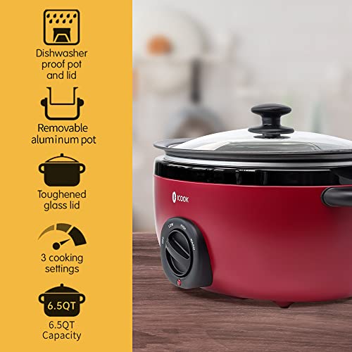 USC-65-OP001RD 6.5 Quart Slow Cooker,Aluminium Sear/Sauté Stew Pot Stovetop safe,Dishwasher Safe,Glass Lid,Adjustable Temp,Food Warmer(Red)