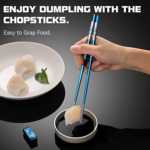 Metal Chopsticks Reusable 2 Pairs Titanium Plated 18 (Blue)