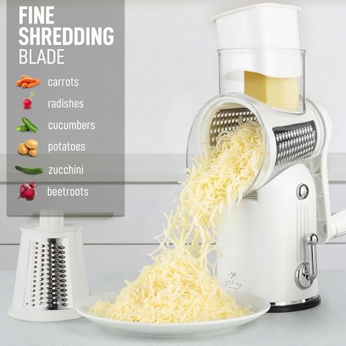 Rotary Cheese Grater Manual Hand Crank 5 Blade Shredder (5 Blades / Classic | White)
