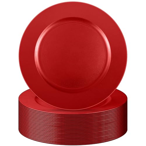 30 Pcs Red Charger Plates 13 Inch Round Plastic Ruffled Rim (Plain Style / Red)