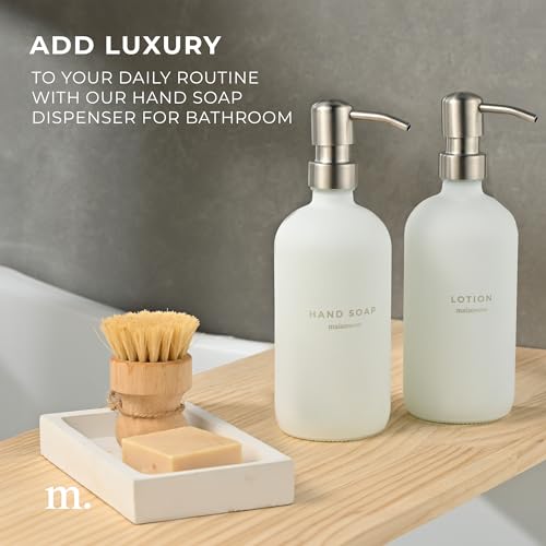 Soap and Lotion Dispenser Set (White Bottles Silver Pumps White Tray)