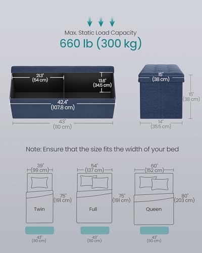43.3 Inches Folding Storage Ottoman Bench (Midnight Blue / 15"D x 43"W x 15"H (without Flipping Lid))