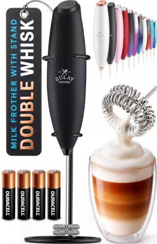 Powerful Milk Frother Wand With Duracell Batteries (Ultimate Black / Double Whisk + Batteries)