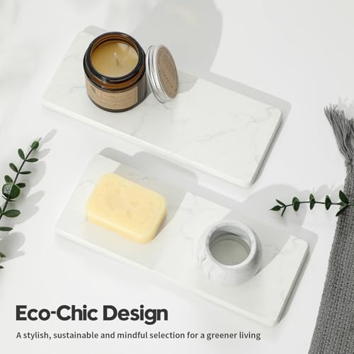 2PCS Water Absorbing Stone Drying Tray for Kitchen Counter & Bathroom Sink (2 Pack - Marble White / 9" x 3.5")