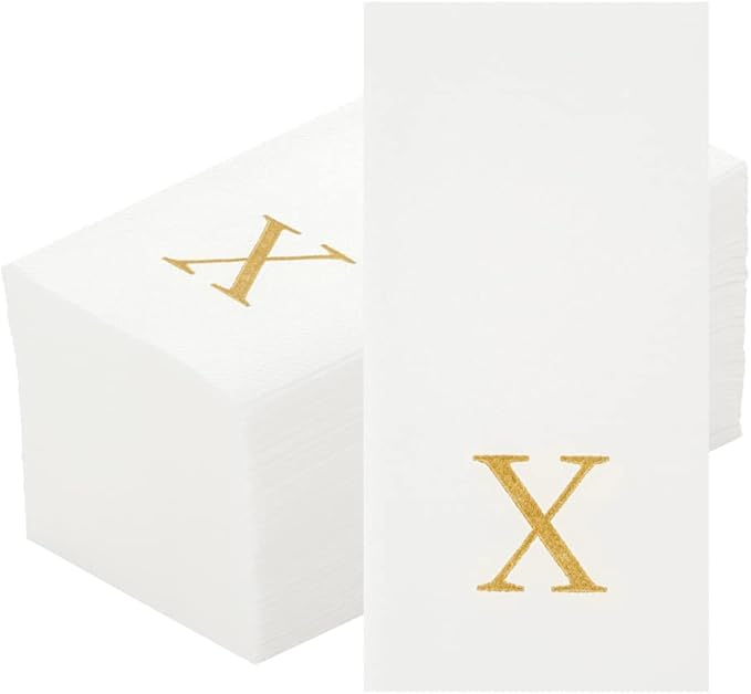 Luxenap 15.8 X 7.9 Inch Linen-Feel Guest Towels, 50 Lettered Hand Towels - Gold Letter 'X', Sans Serif Font, White Paper Dinner Napkins, airlaid, For Restrooms And Tables - Restaurantware