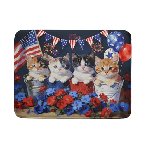 4th of July Drying Mat for Kitchen Counter 18 X 24 in Patriotic Printed Dish Drying Pad (Patriotic Cat Blue / 24" x 18")