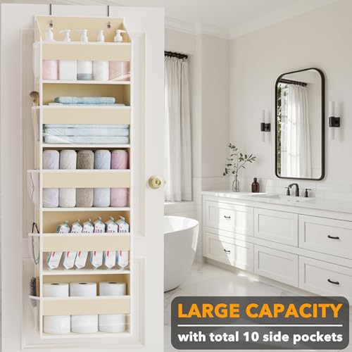 2 Pack Over The Door Organizer with 5 Large Pockets and 10 Mesh Side Pockets (2 Pack / Beige)