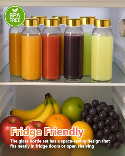 10 oz Glass Juice Bottles with Stainless Steel Gold Lid Leak Proof