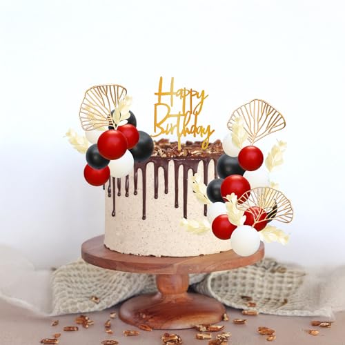 57Pcs Balls Cake Topper Boho Grass Cake topper Pearl Balls Acrylic Happy Birthday Cake Decorations for Wedding Baby Shower Birthday Boho Themed Party Supplies Black Red White (Black Red White)