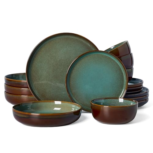 Milkyway 16 Piece Stoneware Dinnerware Set with Pasta Bowls (Moss Green & Cocoa / Service for 4 (Include Pasta Bowls))