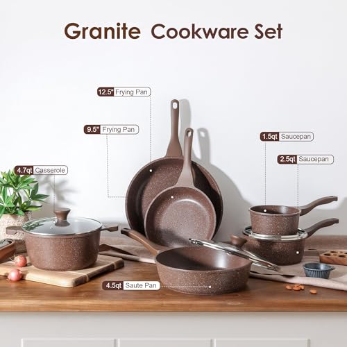 16Pcs Pots and Pans Set Non Stick (Toffee Brown)