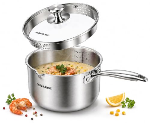 3QT Stainless Steel Saucepan with Pour Spout & Strainer Glass Lid