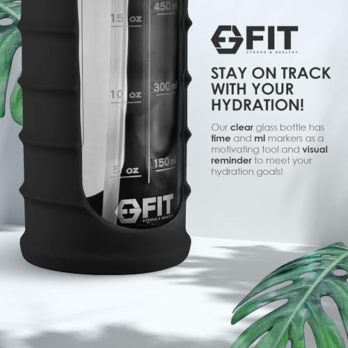 32 oz Glass Water Bottle with Time Marker (Ribbed Black Sleeve)