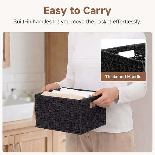 Wicker Baskets with Handles (Black (Paper Rope) / 11½"L x 11½"W x 7"H + 9¾"L x 9¾"W x 6½"H)