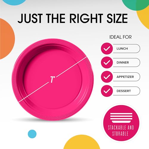 Sturdy Hot Pink Plastic Plates 7" Cake Plates 100 Pcs (7 inch / Cerise)
