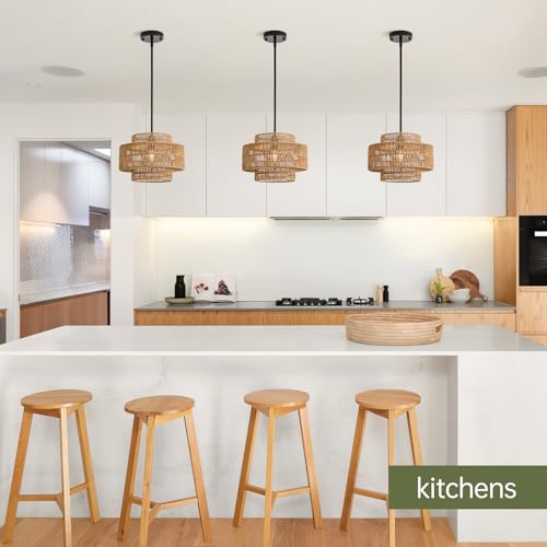 12.4" Rattan Pendant Light for Kitchen Island (Brown+Black Hardware / 12.4" 1-Light)