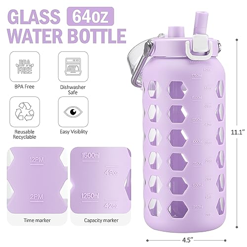 64oz Glass Water Bottle with Straw and Lid (Purple / 64 Ounces)