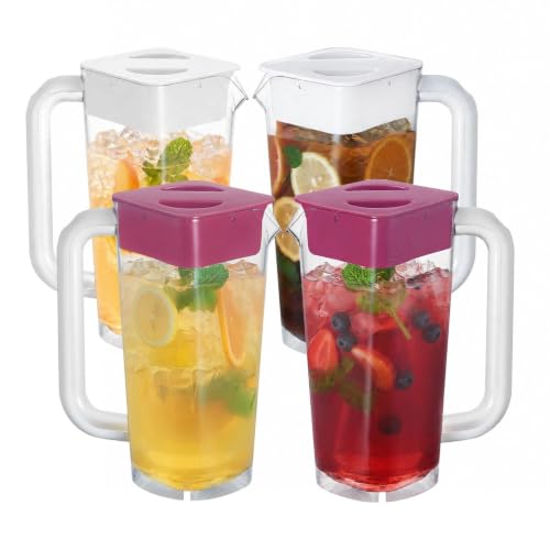 4 Pack 2L 68 oz Plastic Pitcher with Lid & Handle (White-red-4pack)
