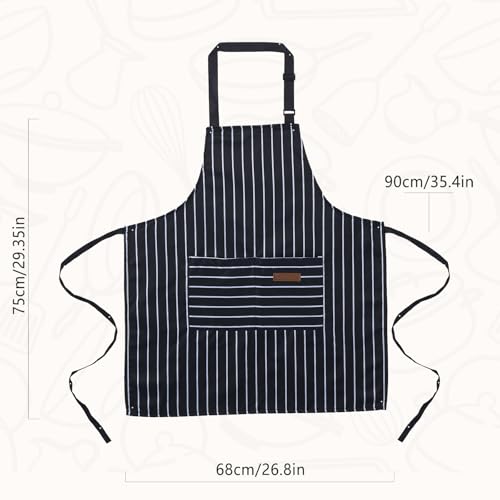 2 Pack Cooking Aprons Adjustable Bib Apron for Women with 2 Pockets (Black/Black Stripes)