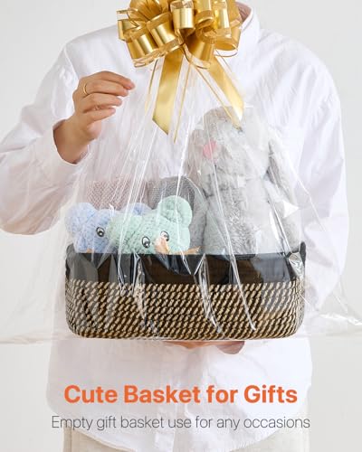 Small Woven Storage Basket for Organizing (Black & Brown / 12"L x 8"W x 4.5"H)