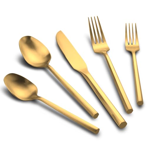 Matte Gold Silverware Set Hexagon Handle 60 (Matte Gold / 60 Pcs)