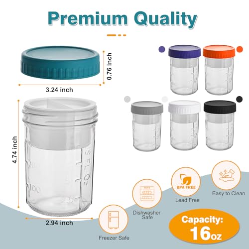6 Pack Overnight Oats Containers with Lids and Spoons (6 Pack Oats Jar)