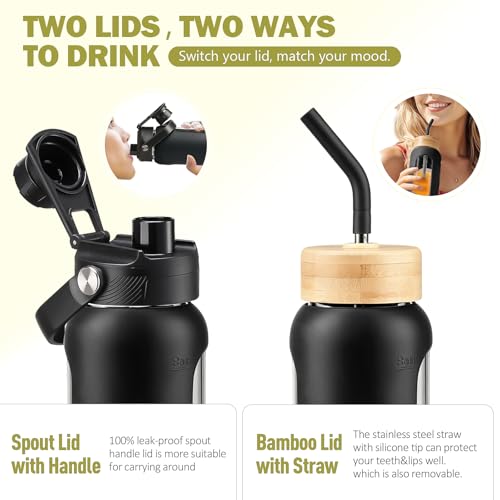 32 oz Glass Water Bottle with Straw and 2 Lids (Black / 32 Ounces)